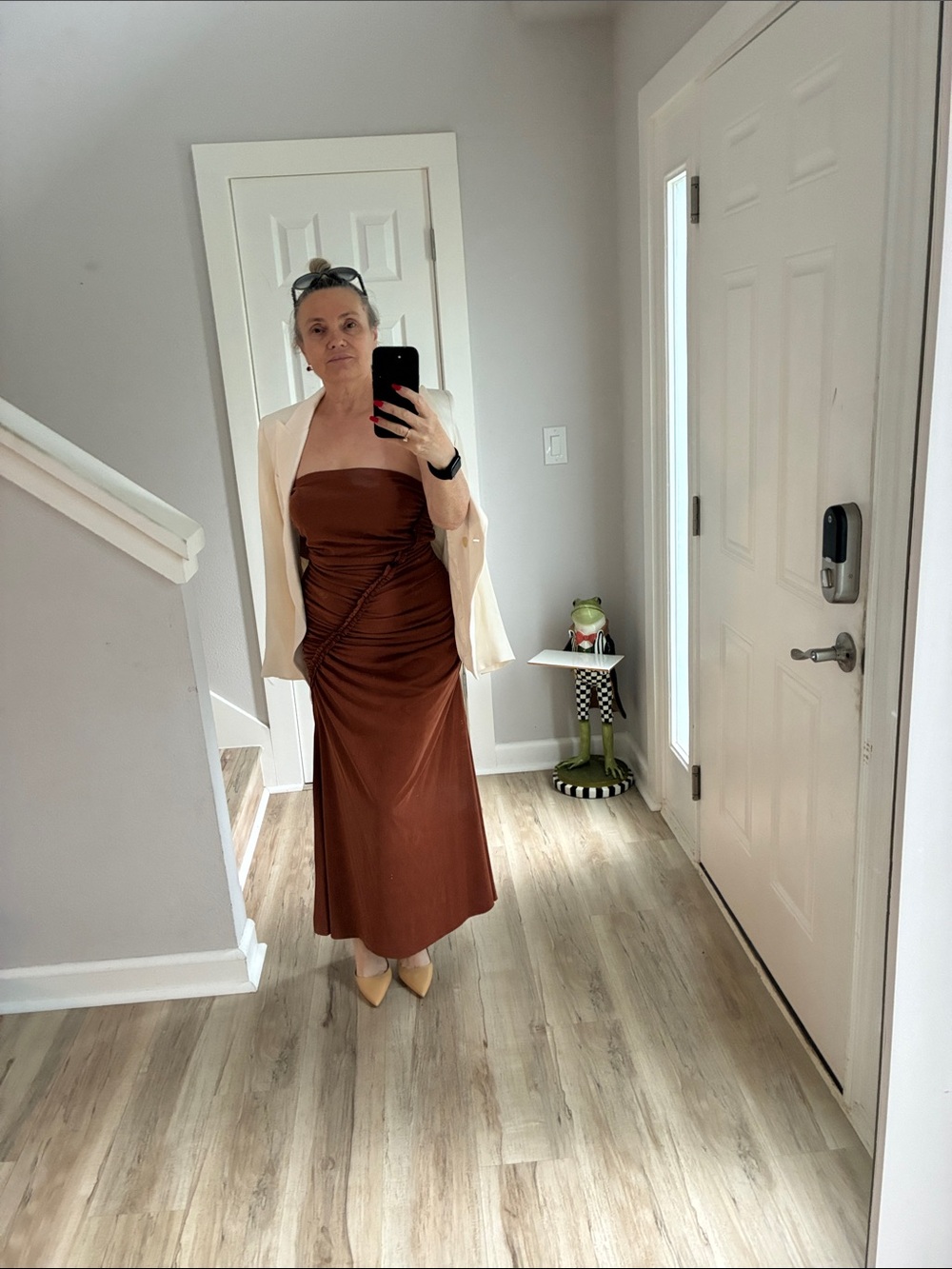 Anthropologie Strapless Ruched Midi Dress in Chestnut Brown